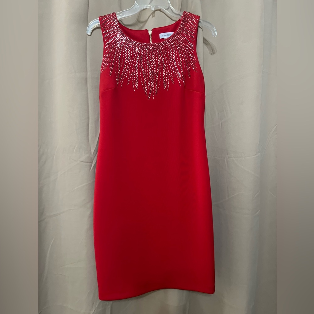 Calvin Klein Vibrant Red Dress with Gold Details